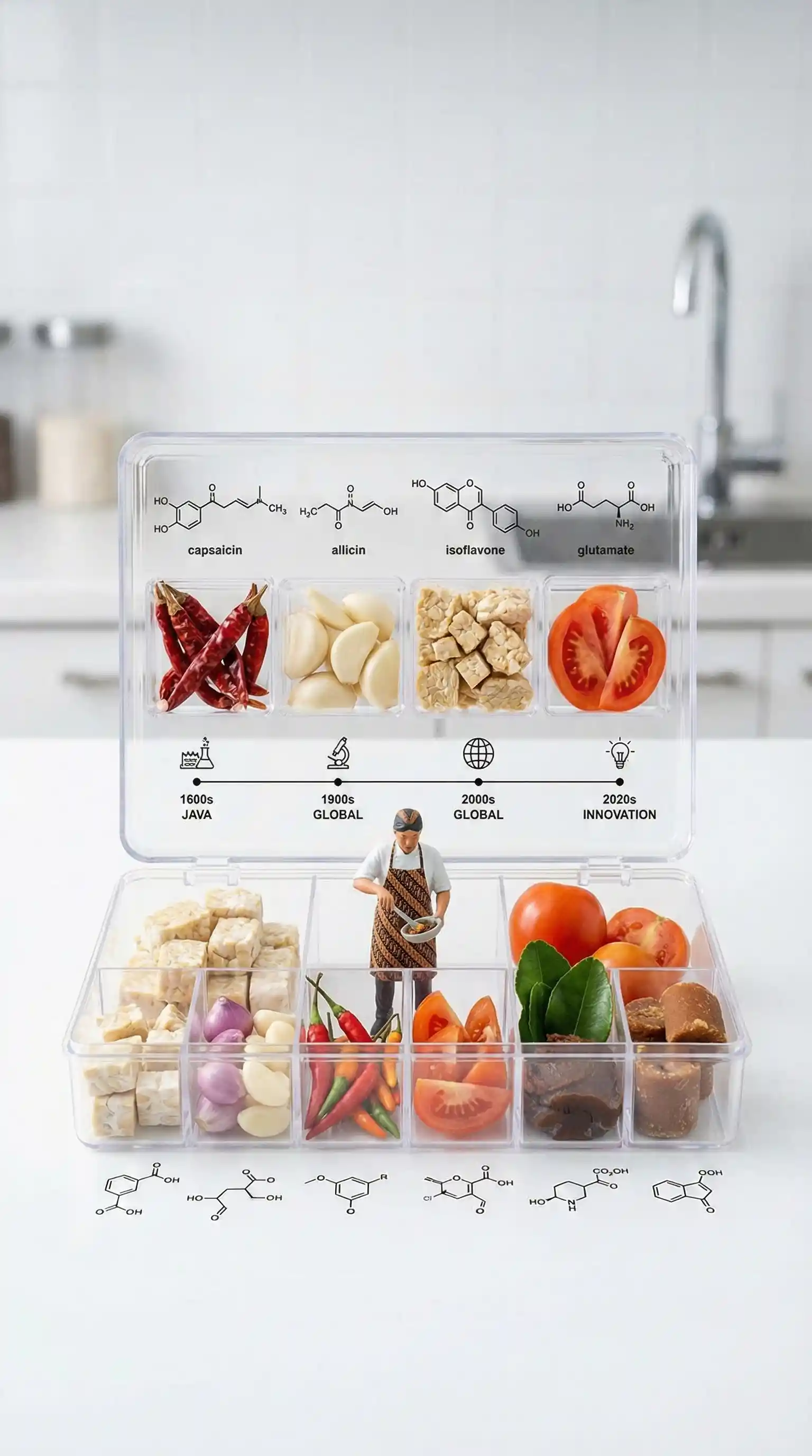 Scena in stile scientifico con kit da laboratorio di tempeh vegetariano al sambal