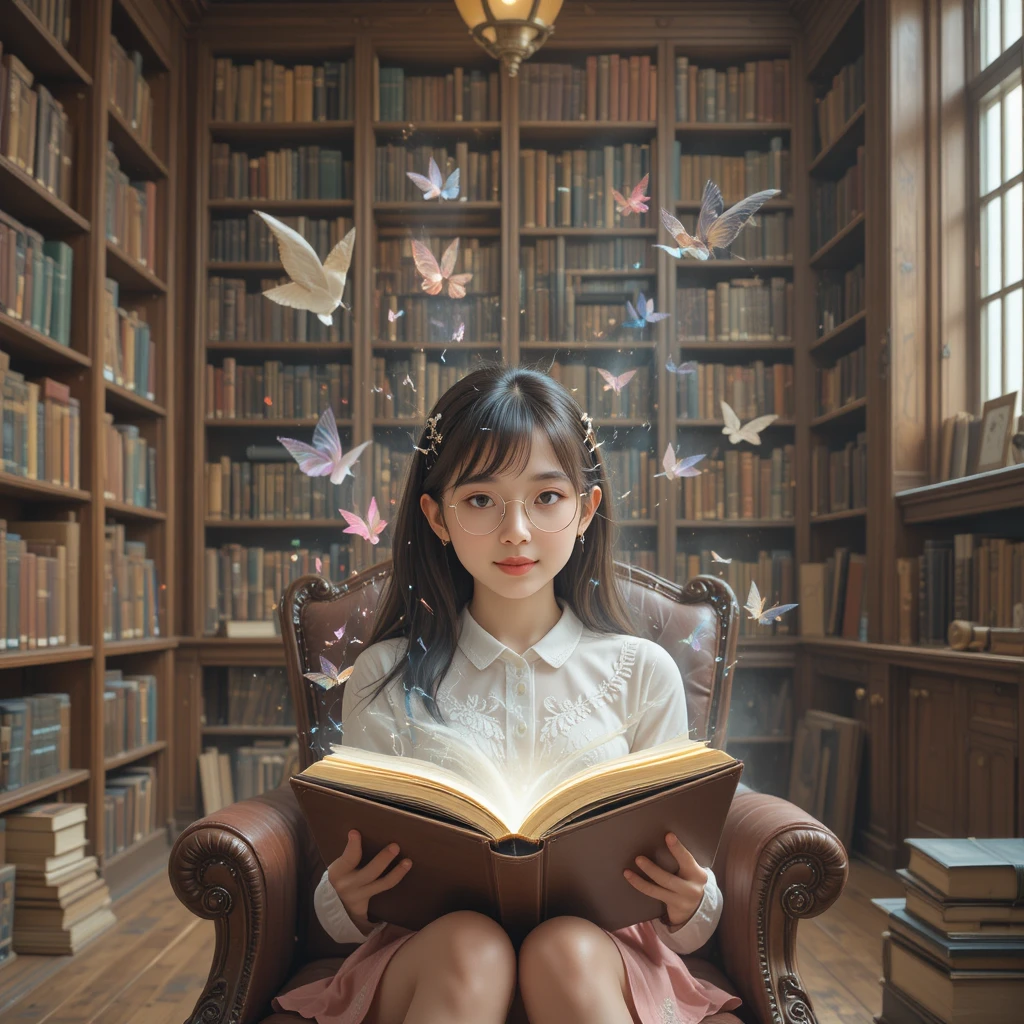 Cute girl reading in a library with flying fantasy images