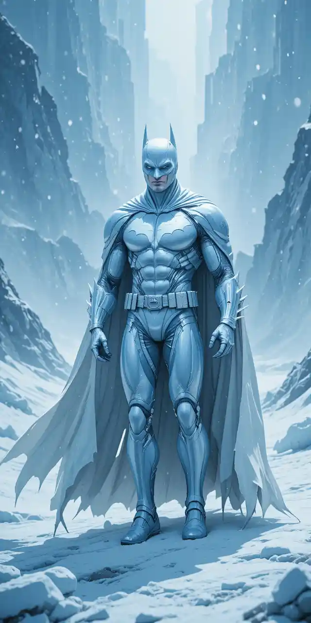White suited hero standing tall in icy antarctic snow