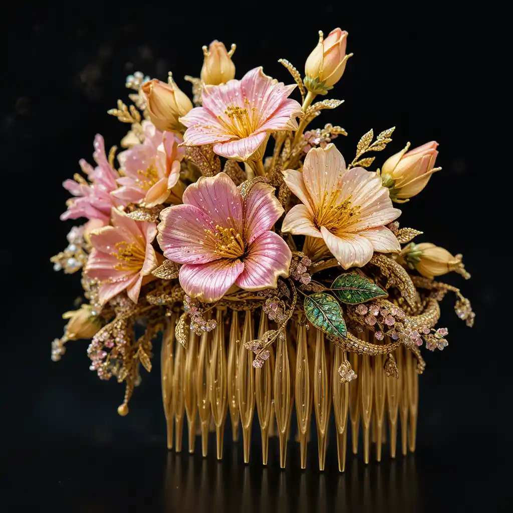 Pettine dorato con fresie e fiori di gemme rosa e gialle