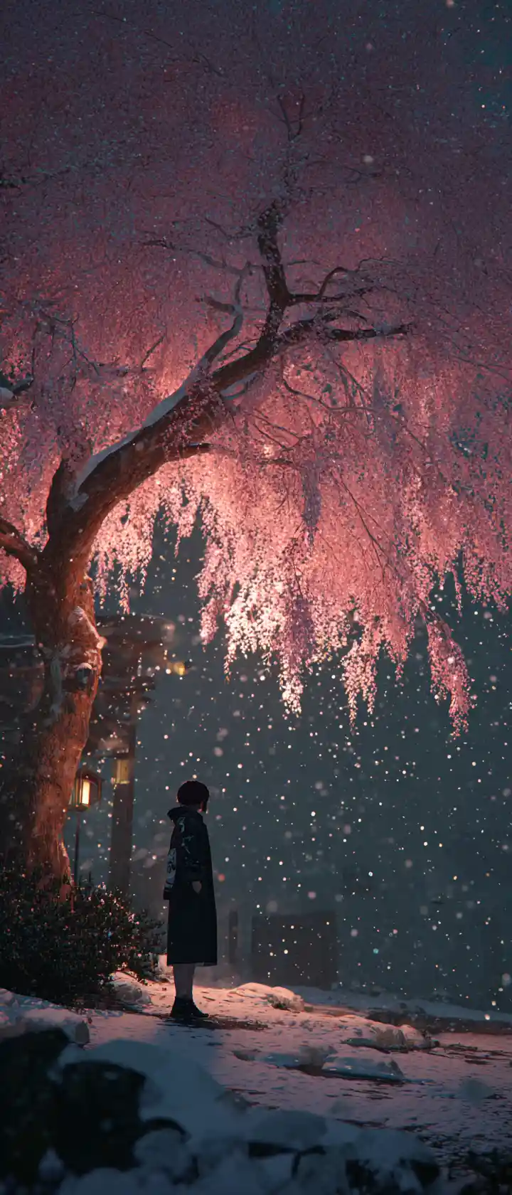 Girl under sakura tree watching the first new year snow