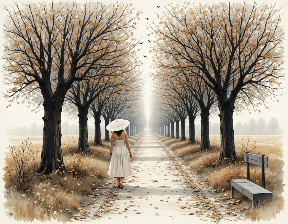 Woman walking bareheaded beside a companion in autumn park
