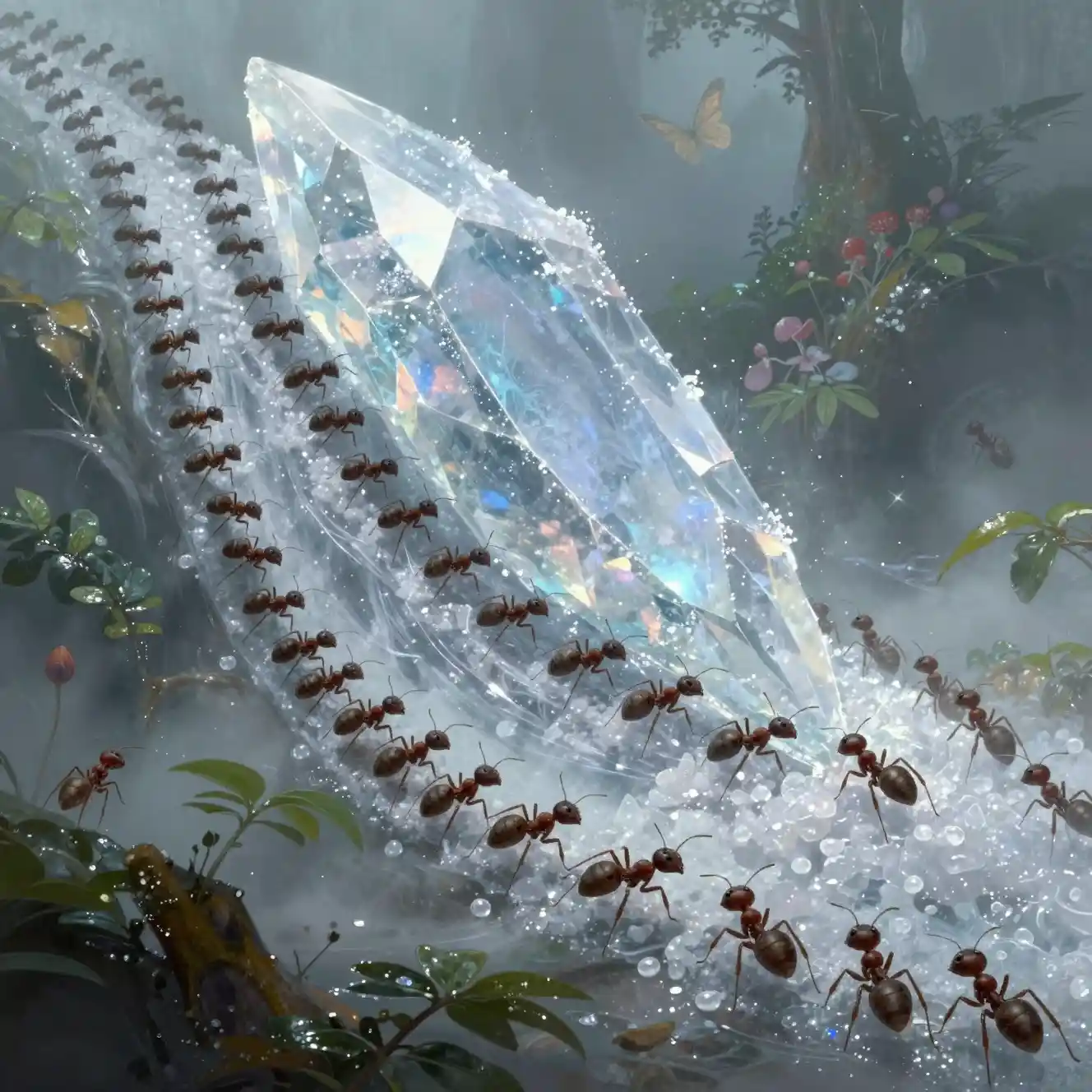 Ants Swarming Over A Fallen Sugar Crystal In Forest Undergrowth