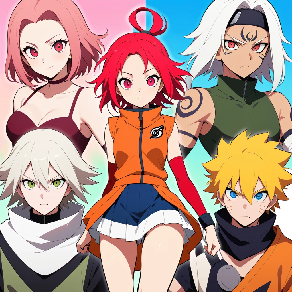 Confident anime kunoichi in combat pose in village street