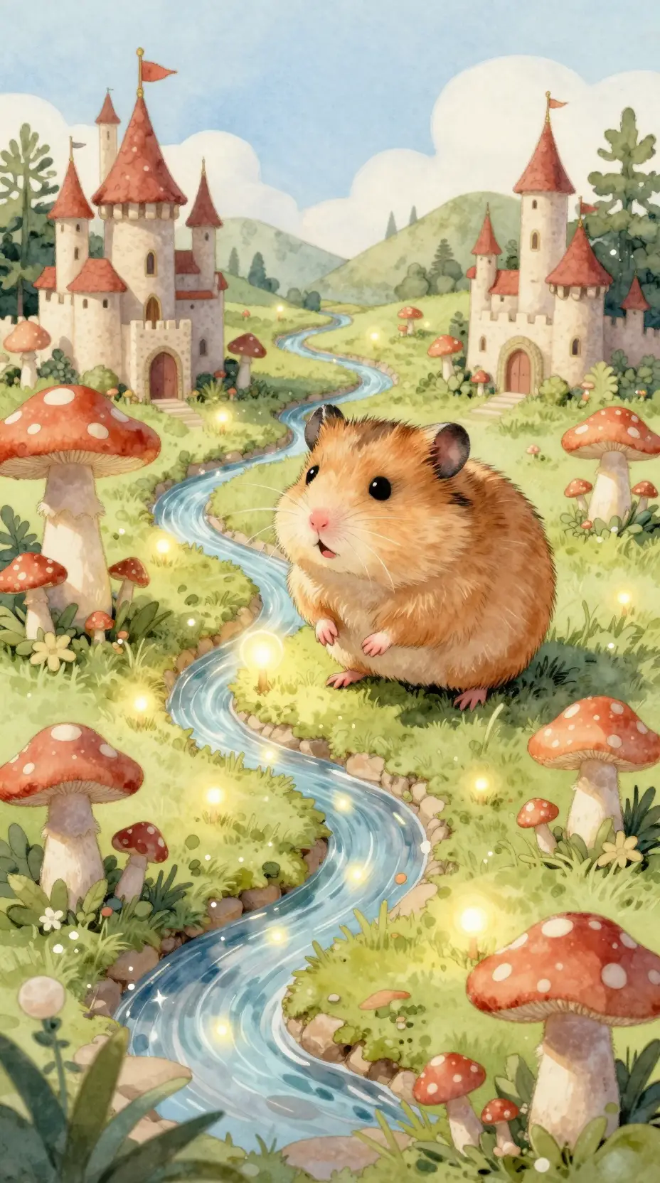 Cute hamster exploring a tiny fantasy watercolor world