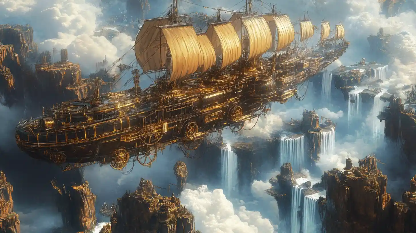 Dirigibile steampunk che solca imponenti isole fluttuanti