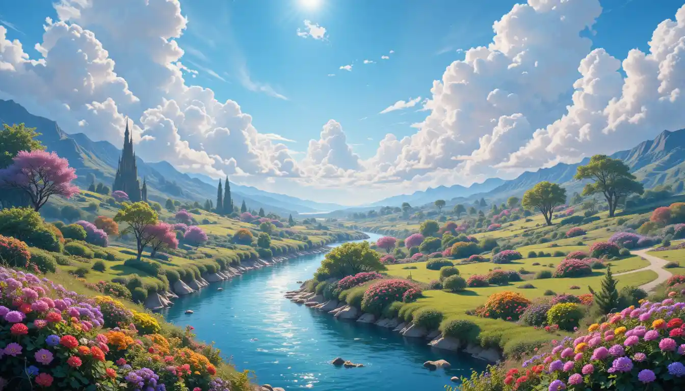 Tranquilos jardines junto al río bajo un suave cielo azul cobalto