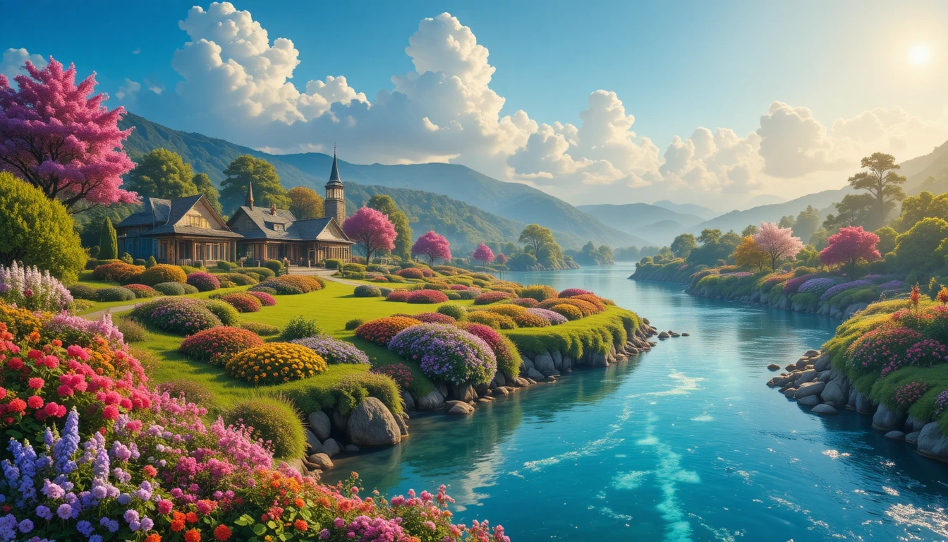 Tranquil garden by a clear river under a cobalt sky
