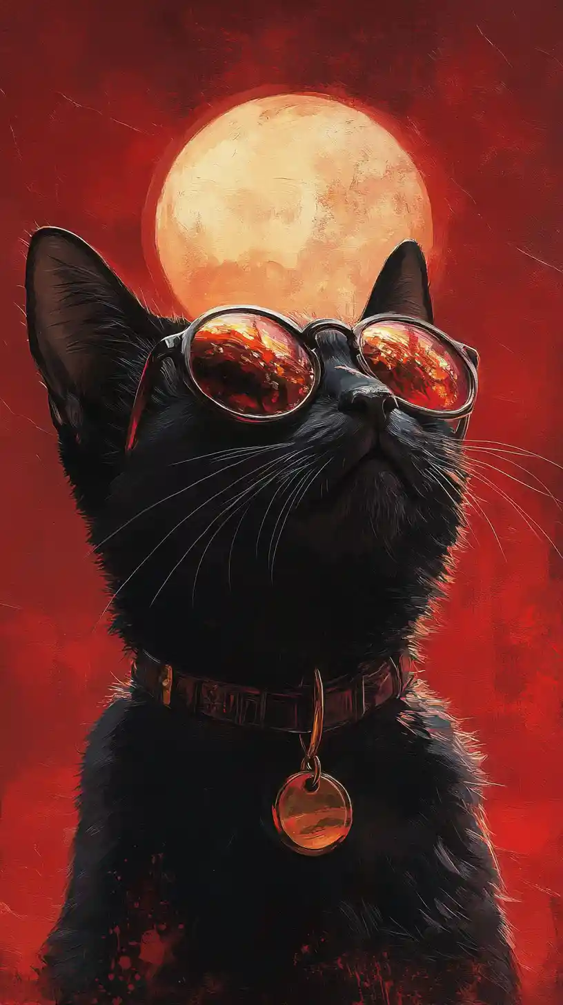 Black cat portrait with red sunglasses under golden moon