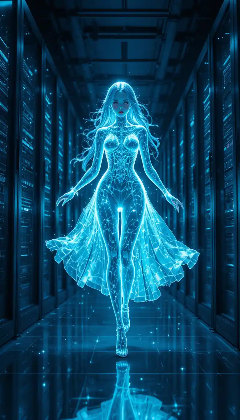Leuchtende digitale Geisterfrau im futuristischen Serverraum