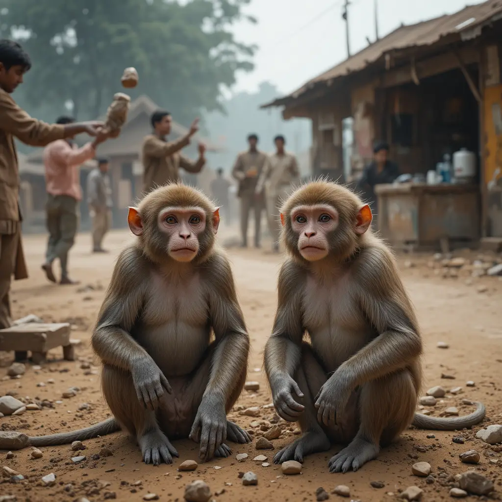 Scared Hungry Monkeys Near A Crowded Roadside Tea Stall
