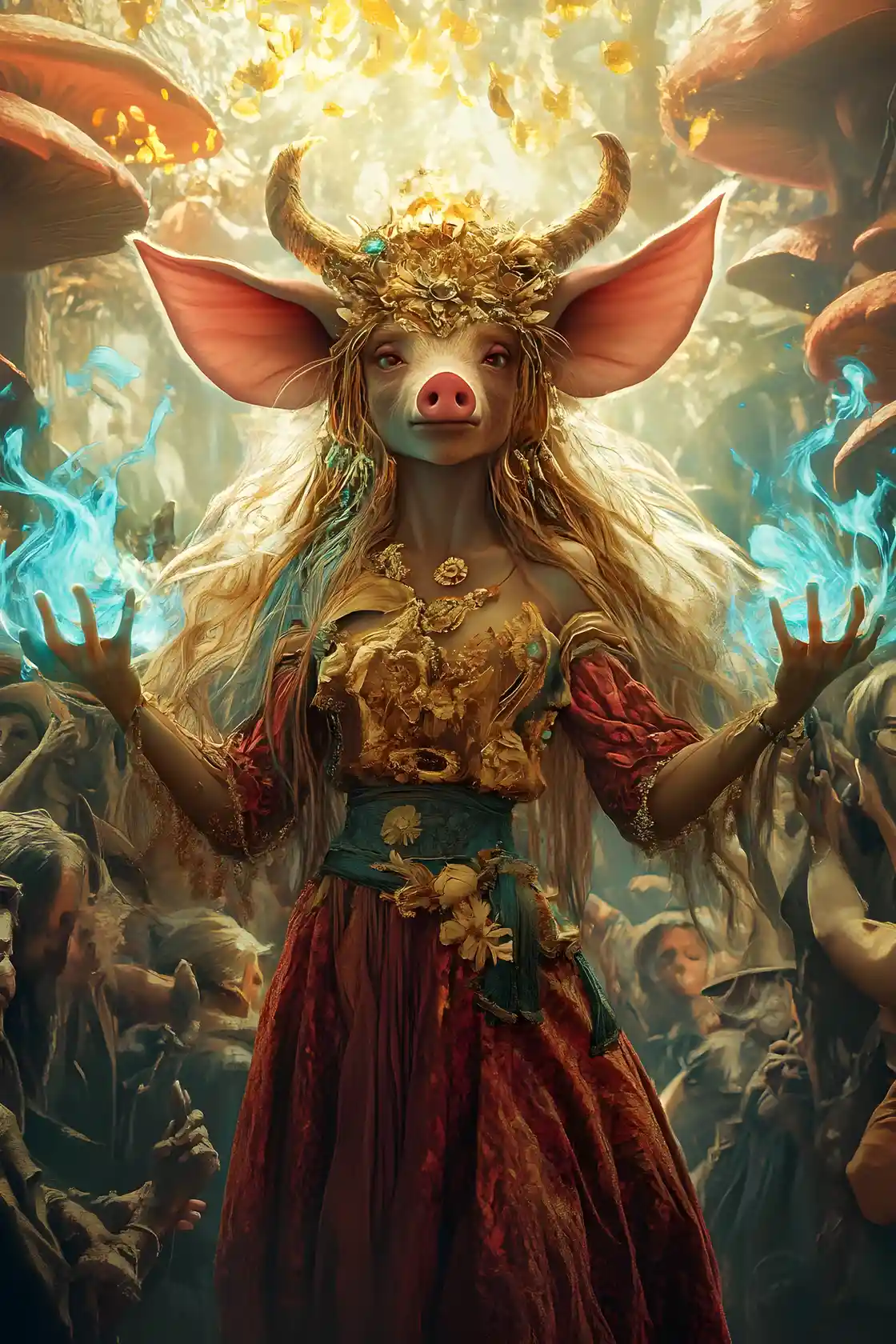 Divine pig featured goddess above a mushroom building