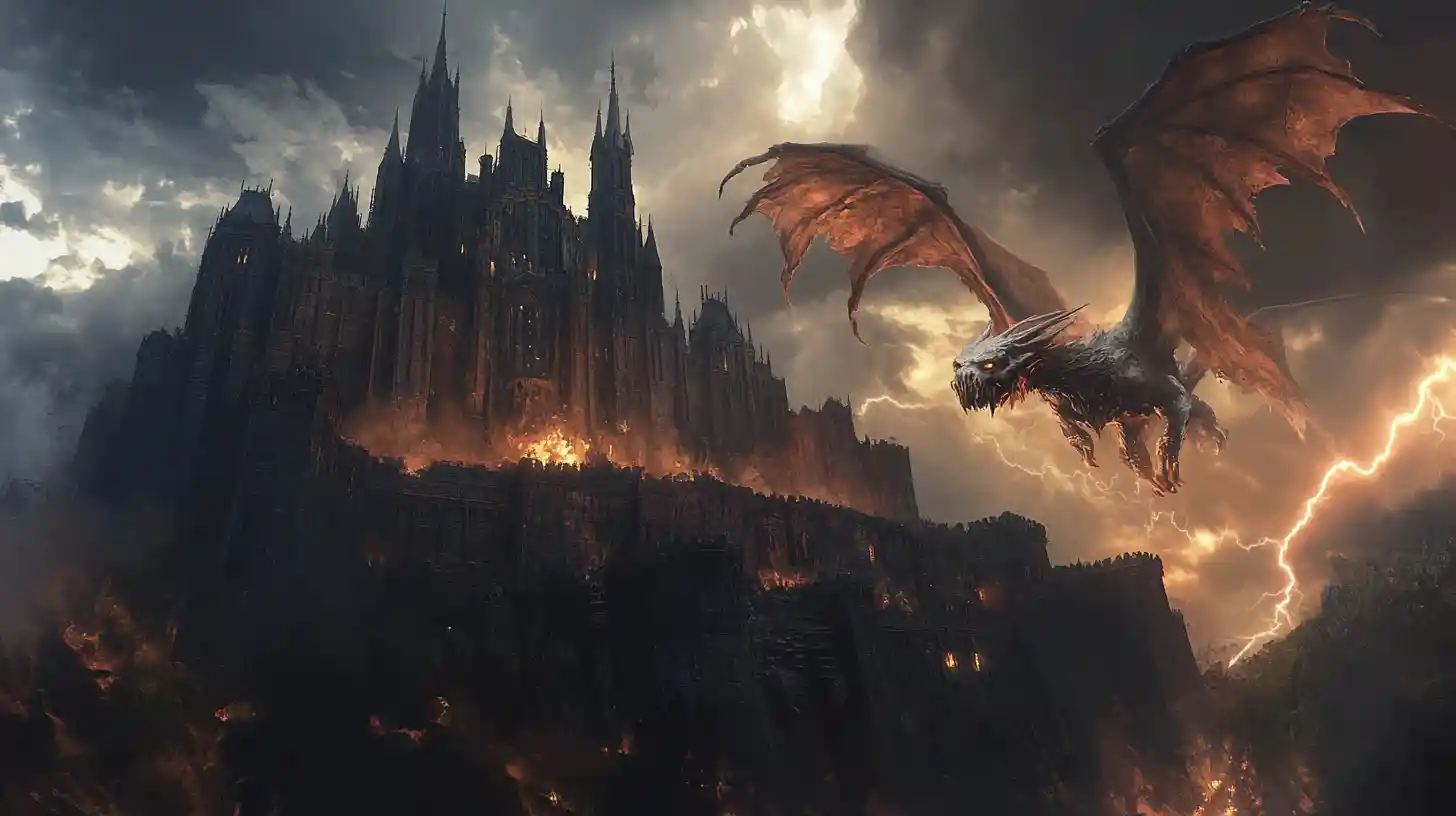 Gothic Castle Under Storm Clouds With Looming Dragon Battle