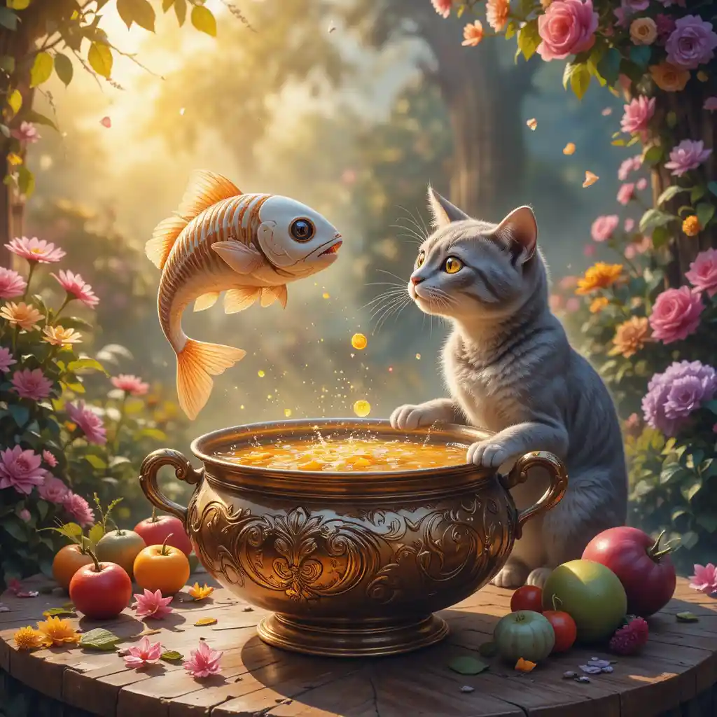 Enchanting Cat Watching Skeleton Fish Leap From Magic Soup