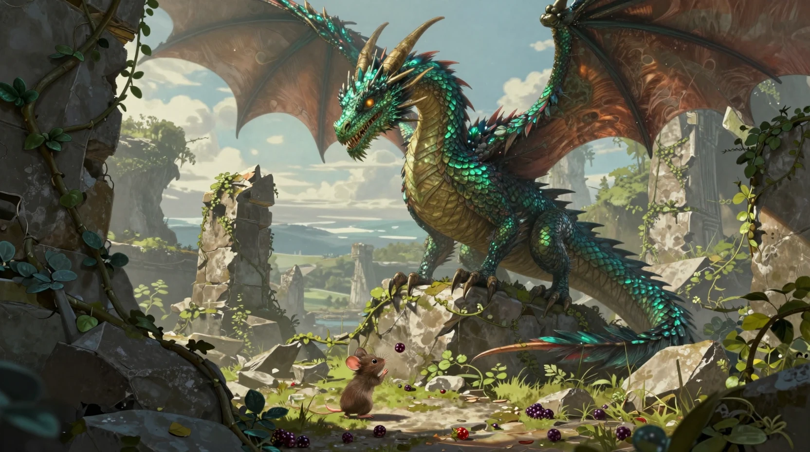 Majestuoso dragón emplumado que custodia antiguas ruinas cubiertas de enredaderas