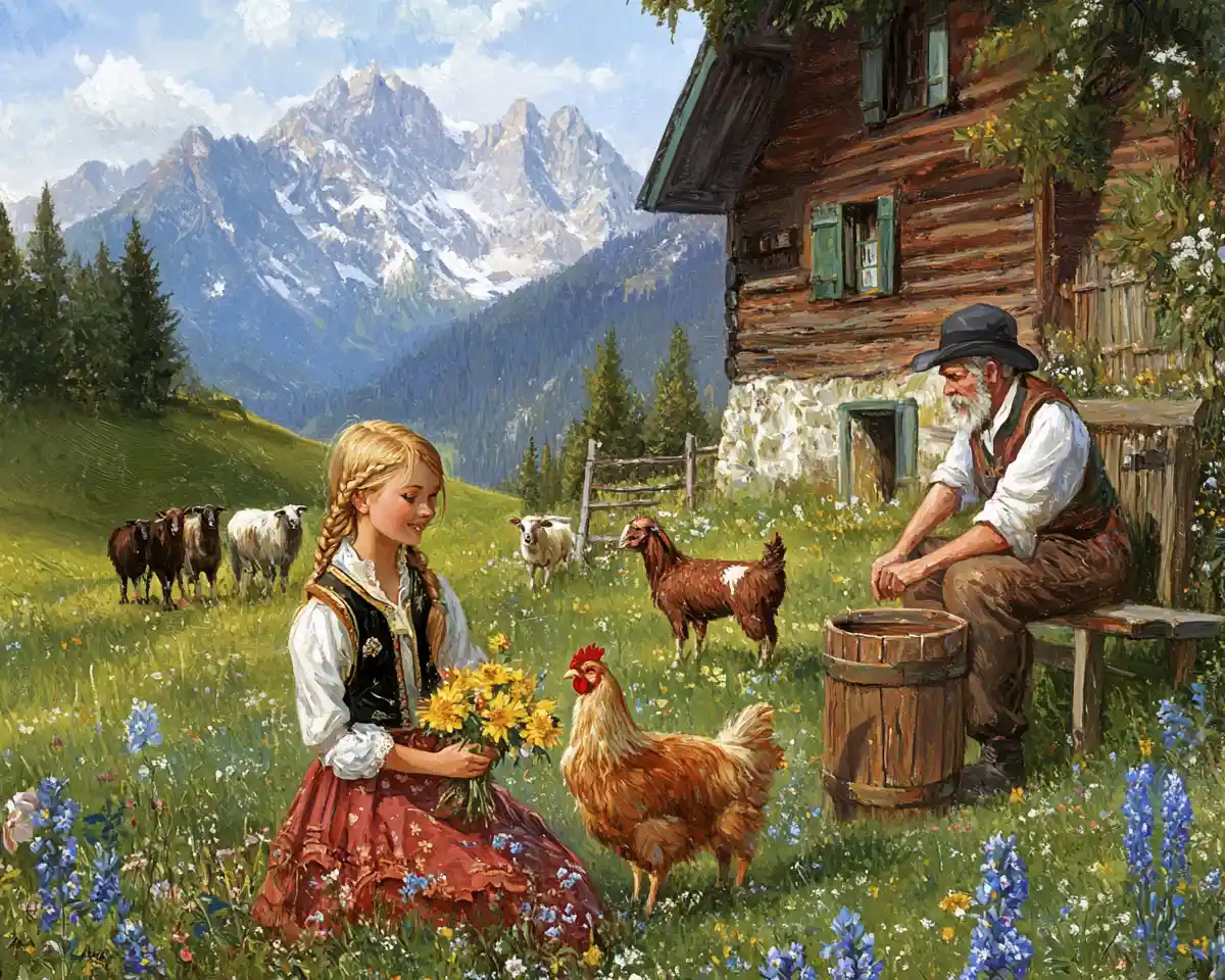 Young girl in wildflowers on a peaceful alpine farm