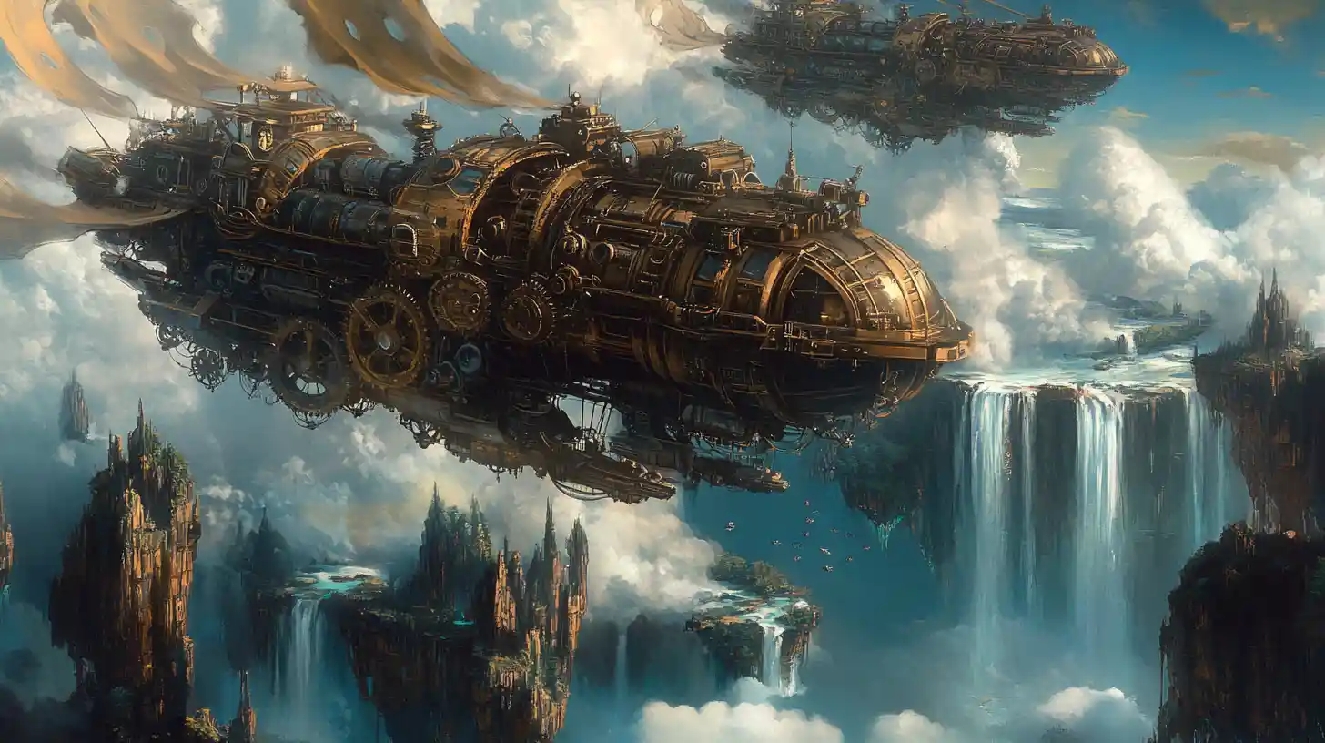 Dirigeable steampunk naviguant devant d'imposantes îles flottantes