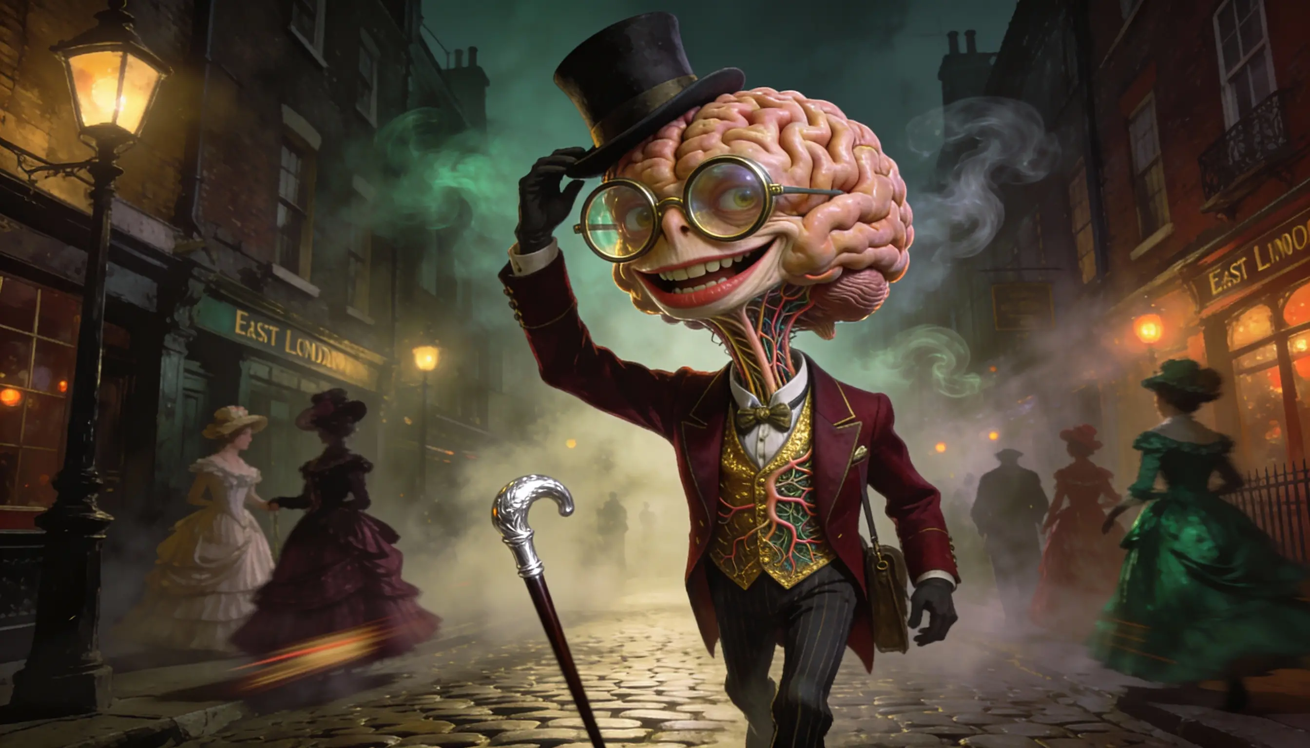 Creatura Cerebrale Elegante che Passeggia nei Vecchi Vicoli di Londra