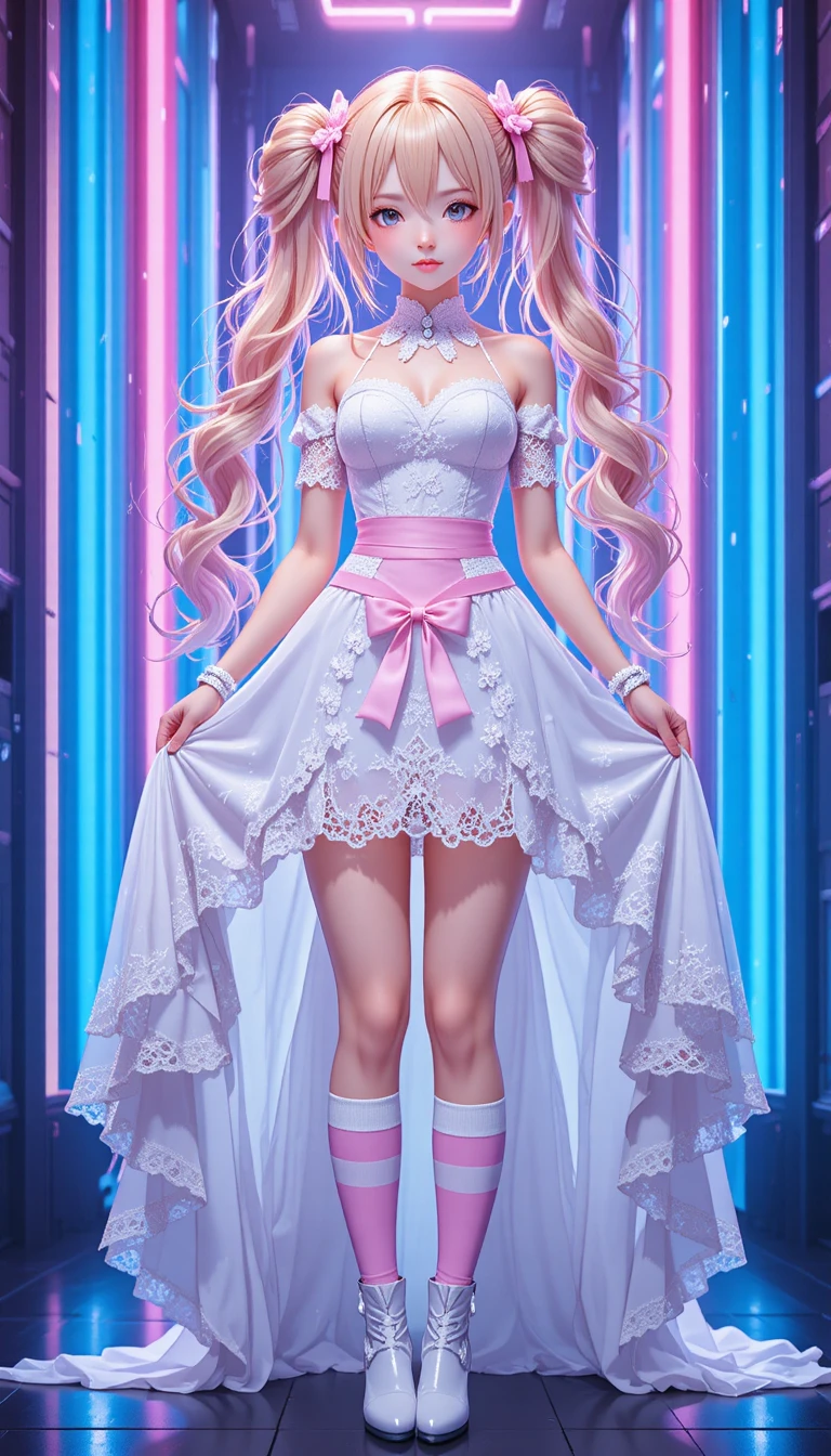 Anime-Braut in neonblauen und pinken Lichtern
