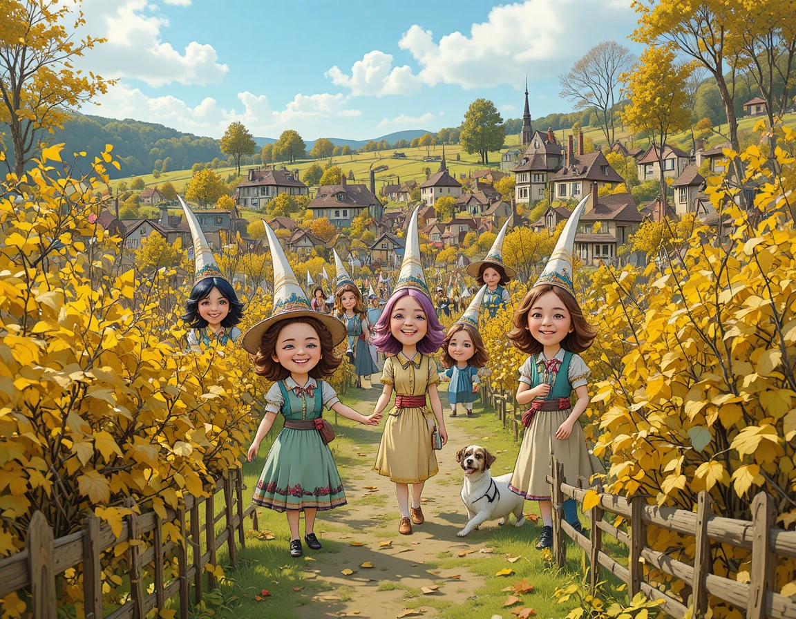 Young girls with scarves on hats walking through vineyard