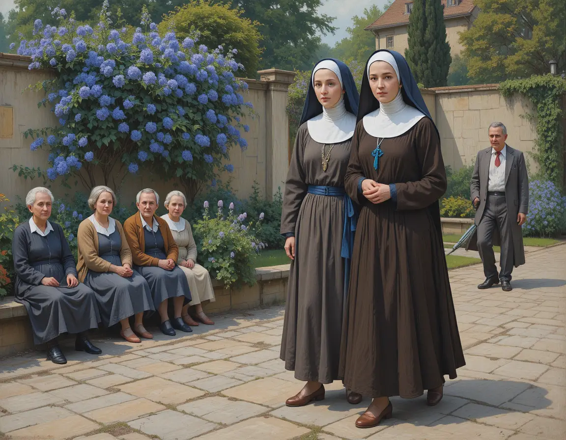 Two nuns carrying a copper cauldron in a quiet garden