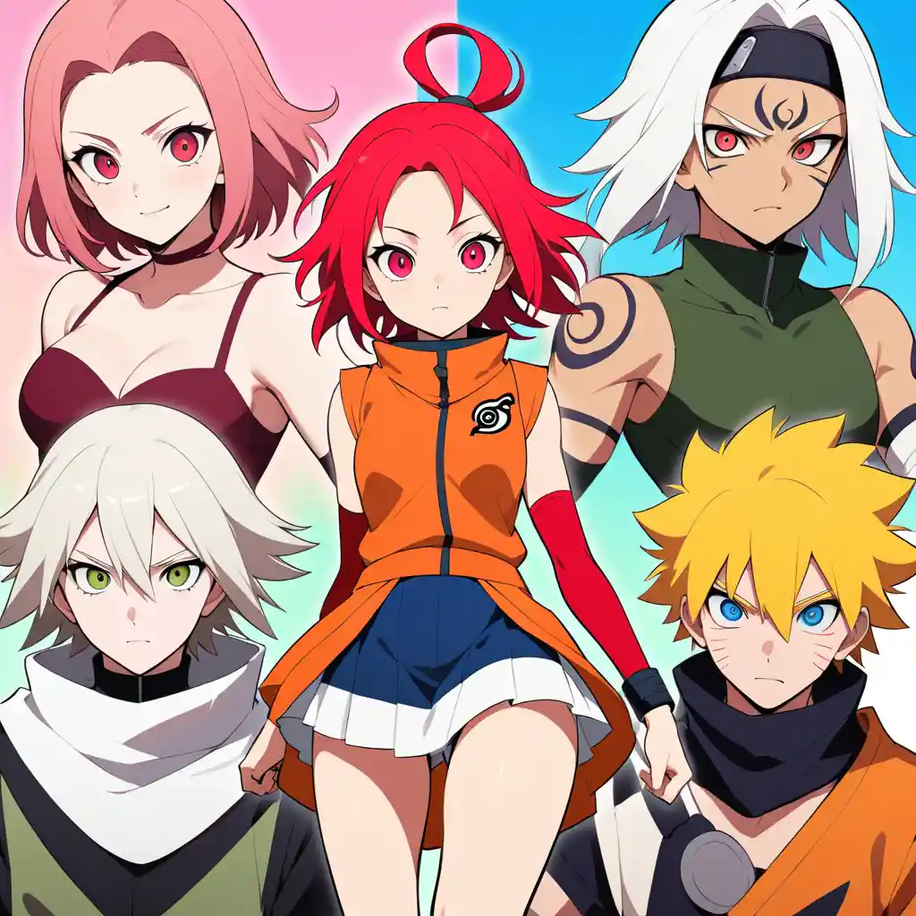 Confident anime kunoichi in combat pose in village street