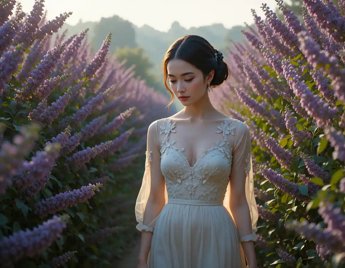 Elegant woman walking along lilac path at sunrise