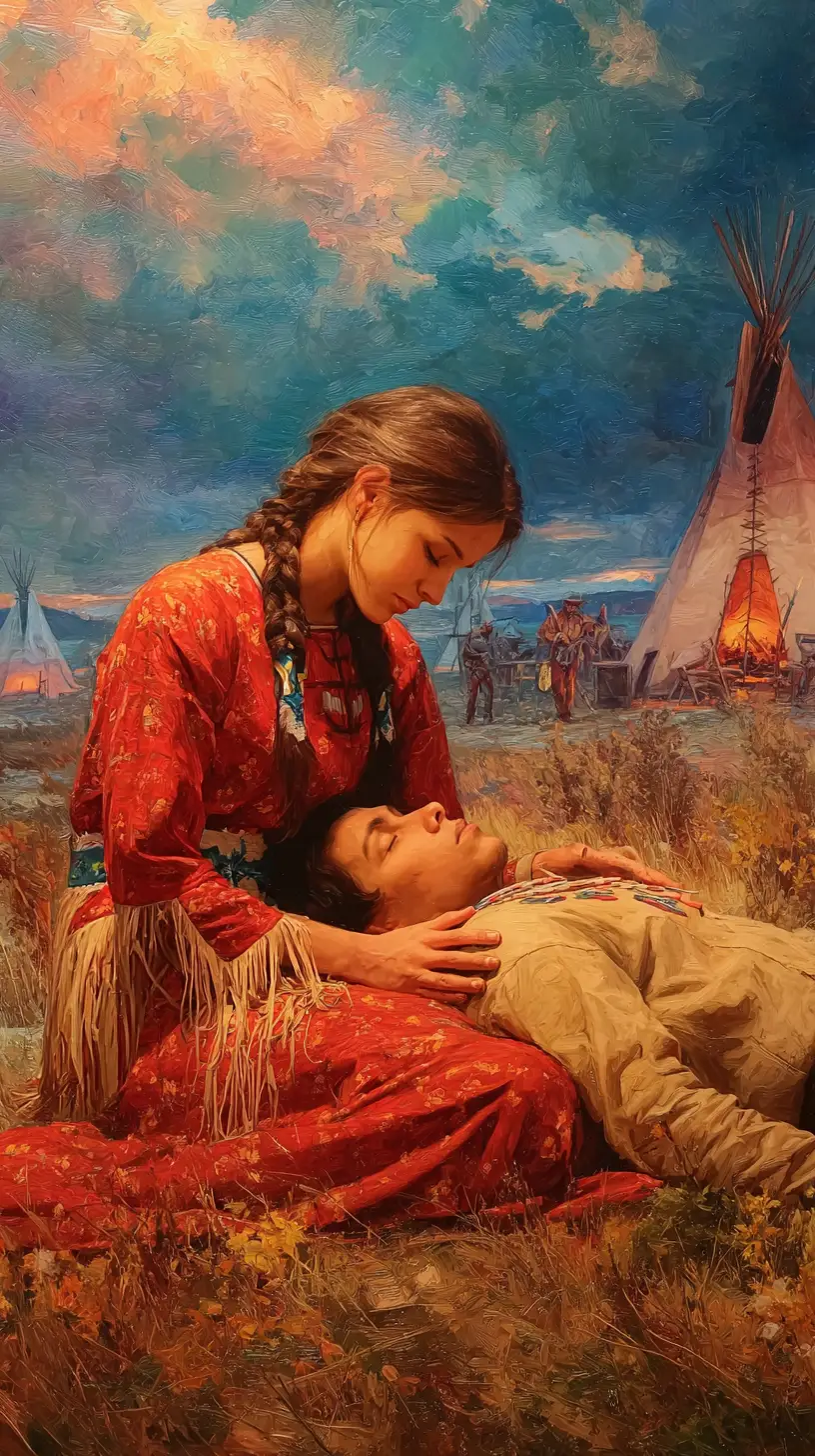 Young woman holding her dying husband by the campfire