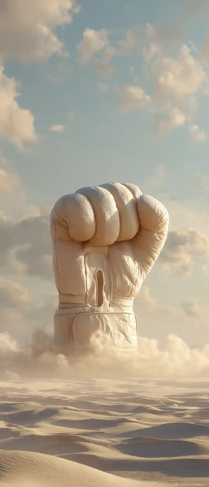 Giant boxing glove rising like a mirage in the desert