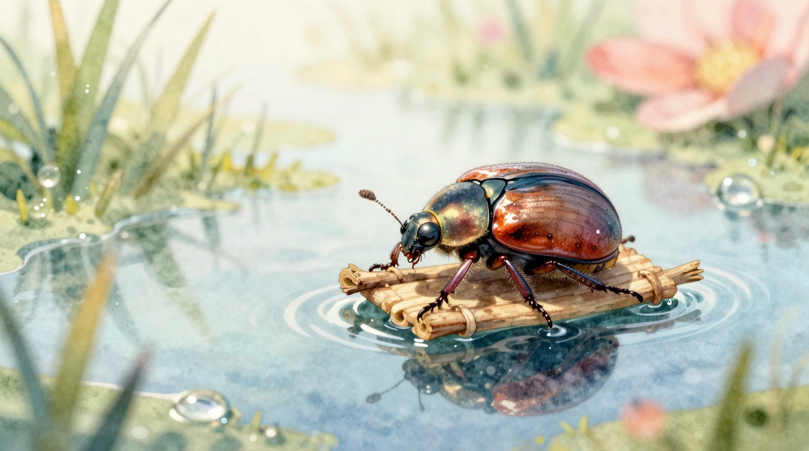 Tiny beetle rafting across a dewdrop in dreamy watercolor