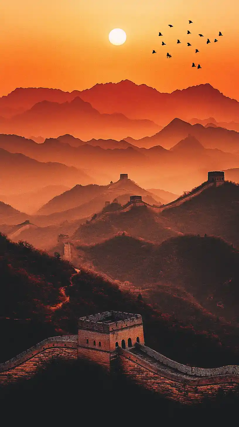 Great Wall of China Across Mountains at Sunset