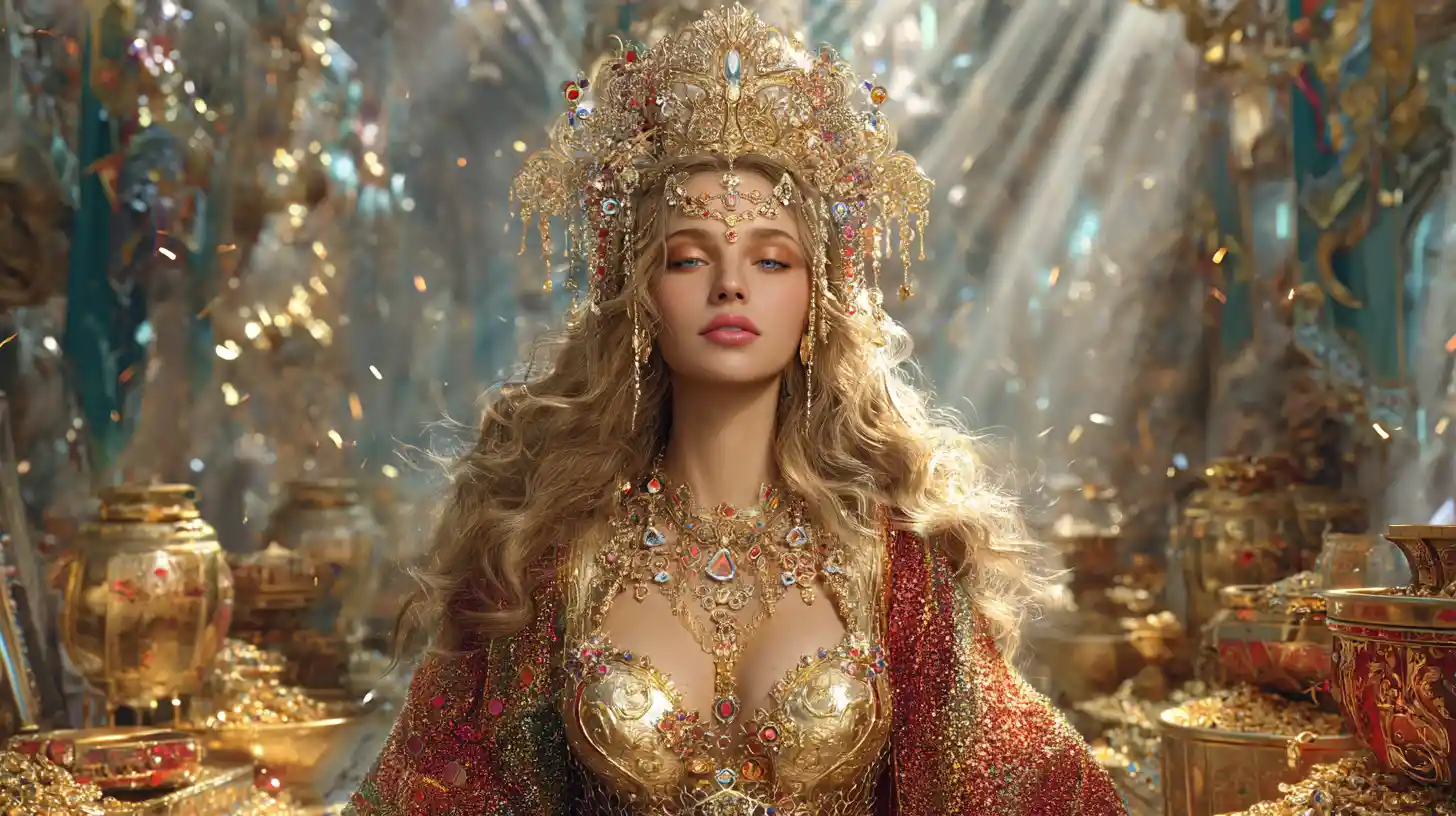 Radiant goddess of wealth in a celestial golden palace