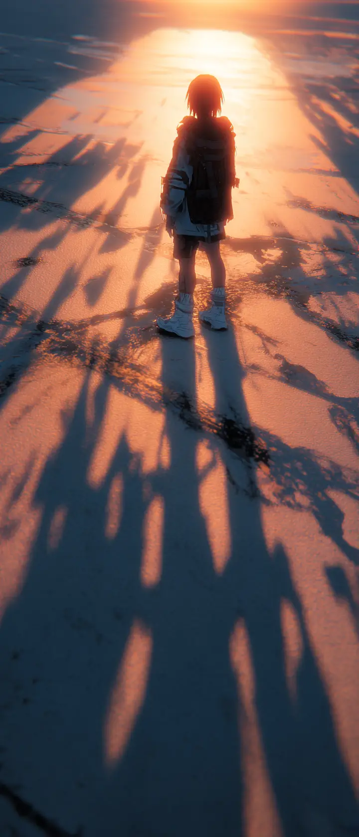 Silhouetted figure casting a long shadow at sunset