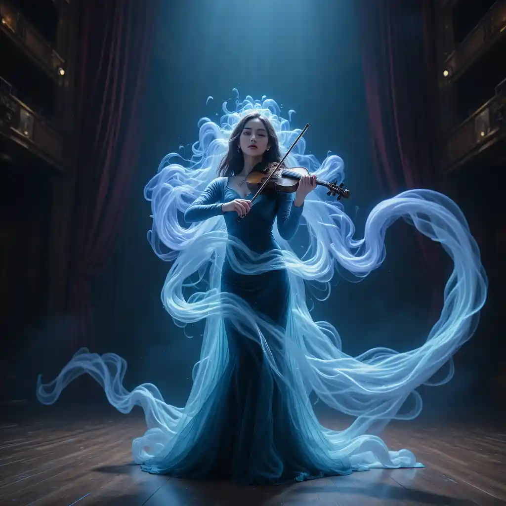 Young violinist surrounded by glowing aurora like plasma ribbons