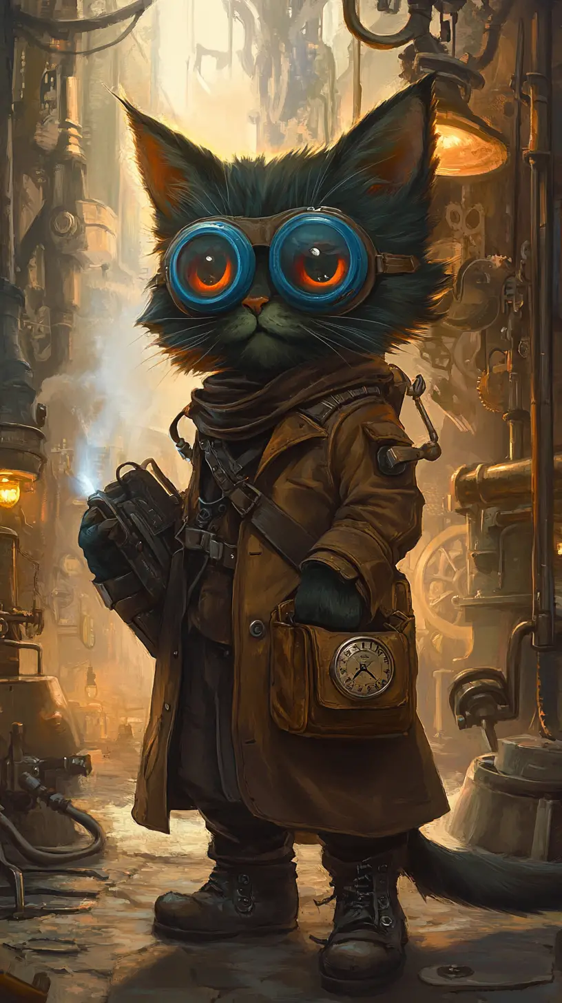 Steampunk cat adventurer in a mechanical workshop