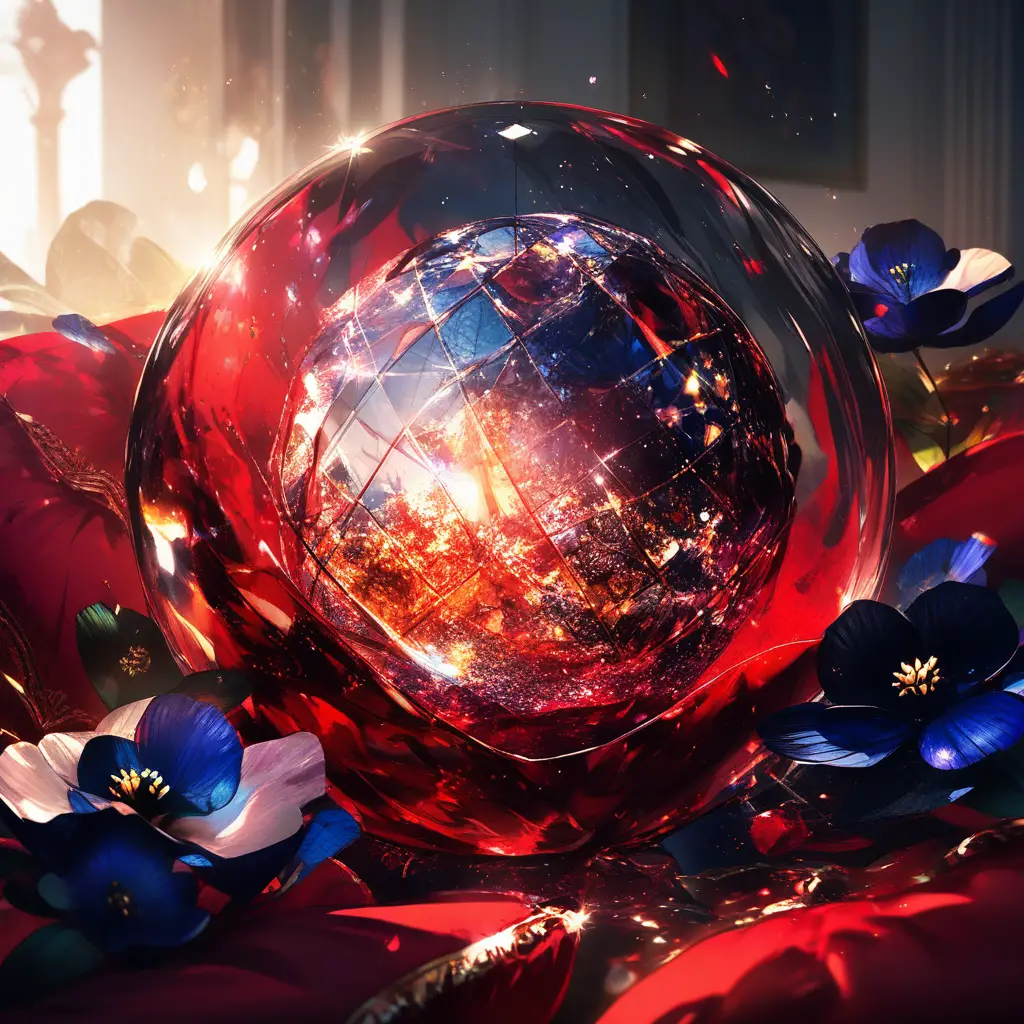 Crystal glass sphere on red velvet cushion with flower
