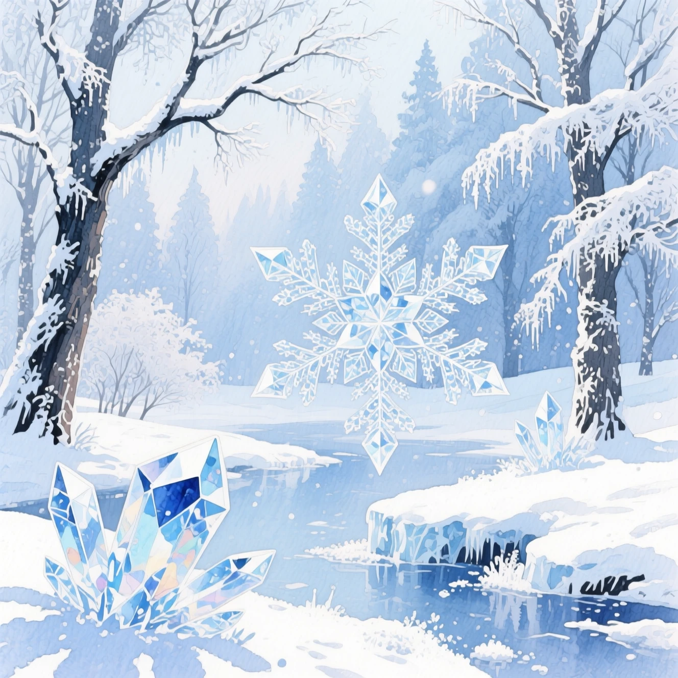 Ethereal winter forest in shimmering watercolor tranquility