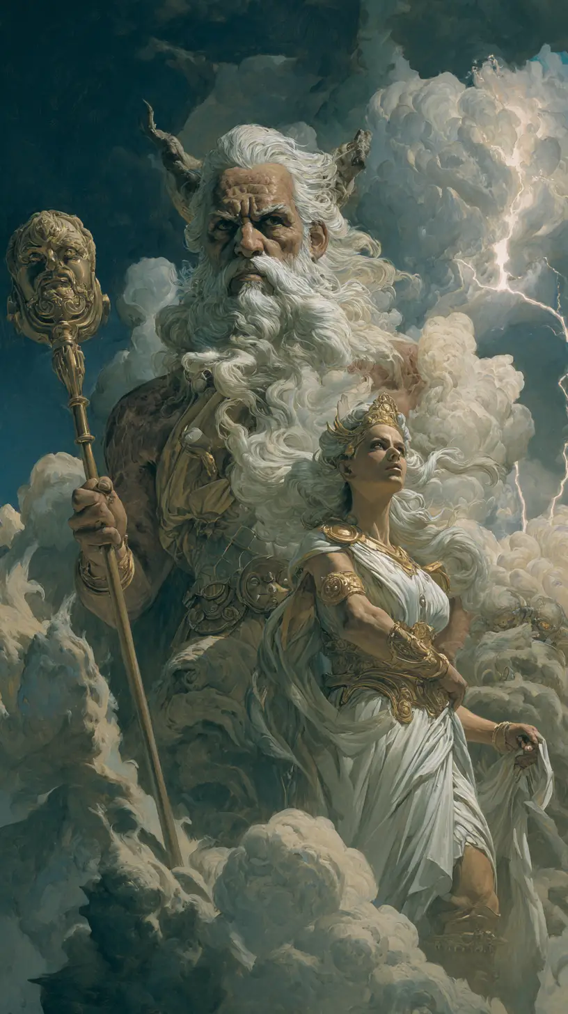 Angry god and goddess beneath stormy heavenly sky