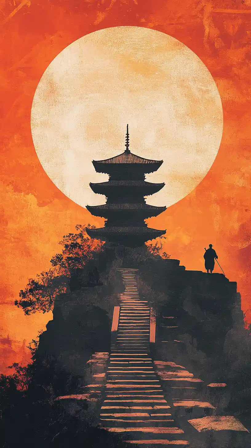 Traveler Climbing Temple Steps Beneath Full Moon Sky