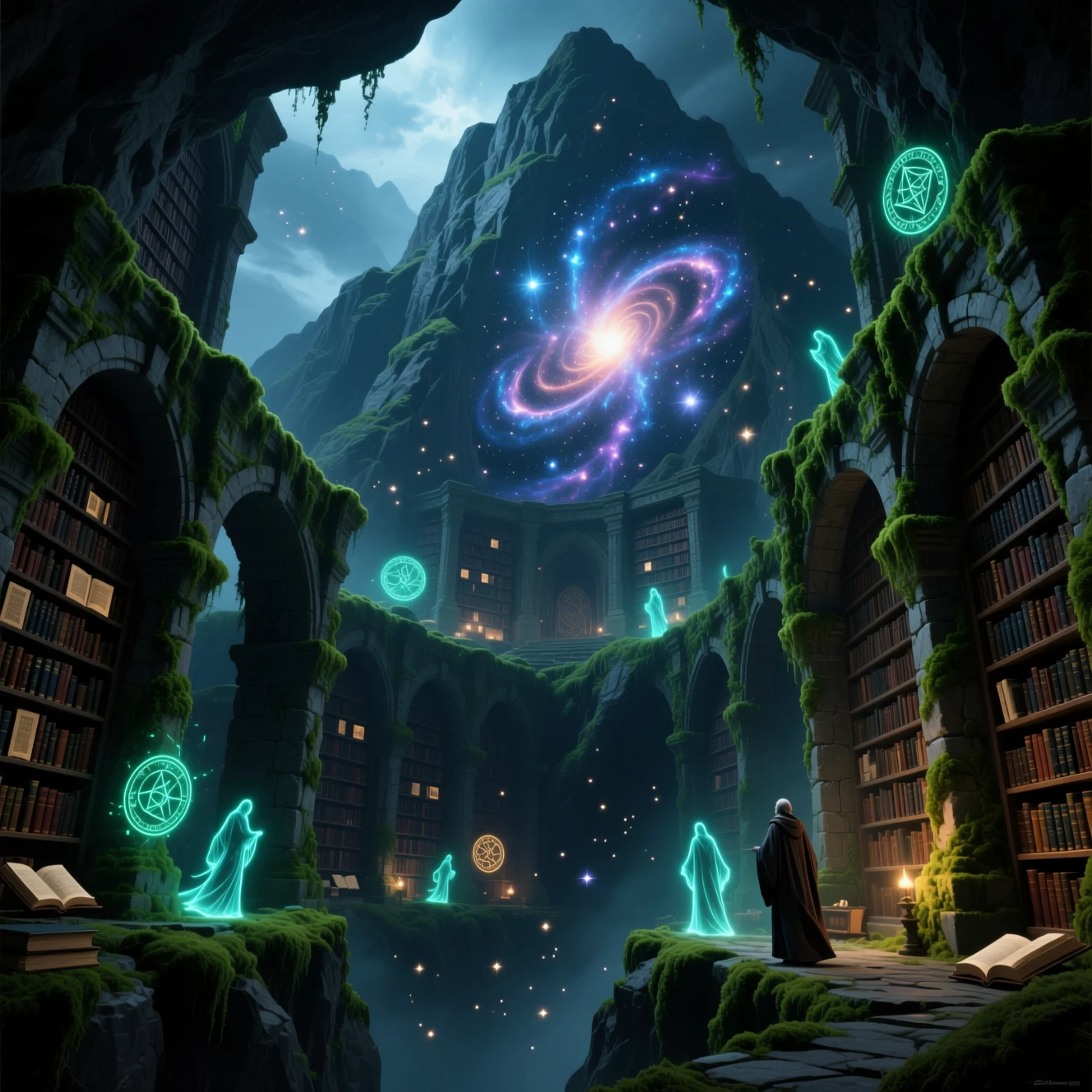 遠古山嶺圖書館綻放奧祕宇宙能量光芒