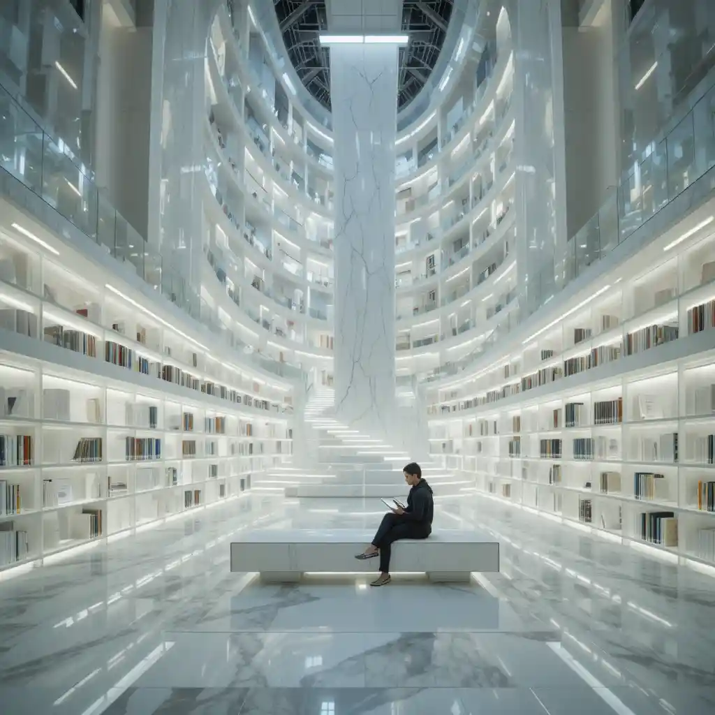 Futuristische Stadtbibliothek im Inneren mit einsamem Leser auf einer Bank