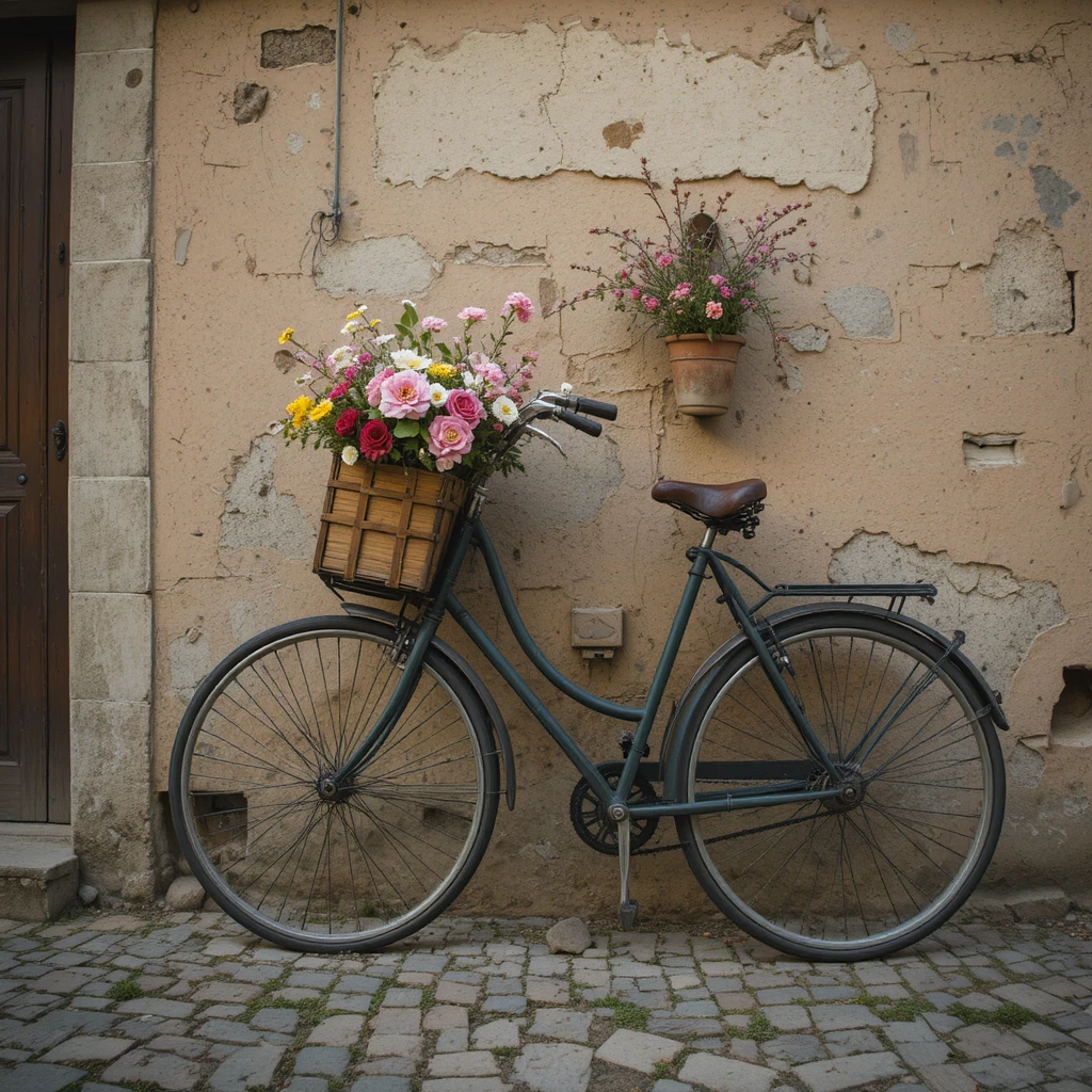 Vintage bicycle with flower basket by Tuscan house wall