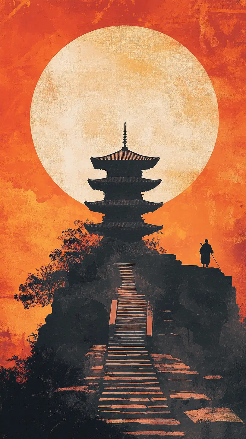Traveler Climbing Temple Steps Beneath Full Moon Sky