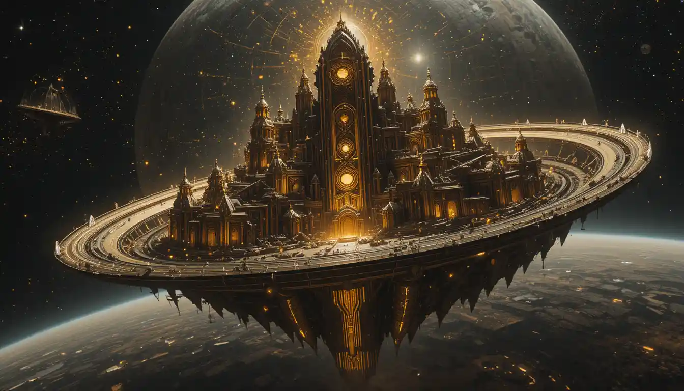 Celestial alien city carved into a hollow planetary shell