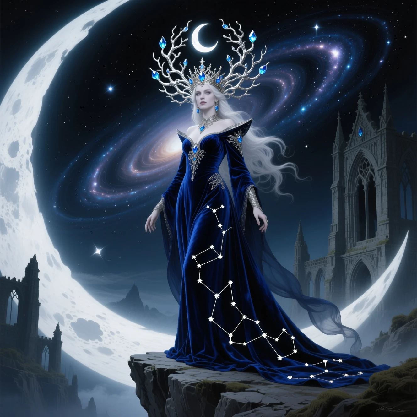 Ethereal Moonlit Queen On A Precipice Above Ancient Ruins