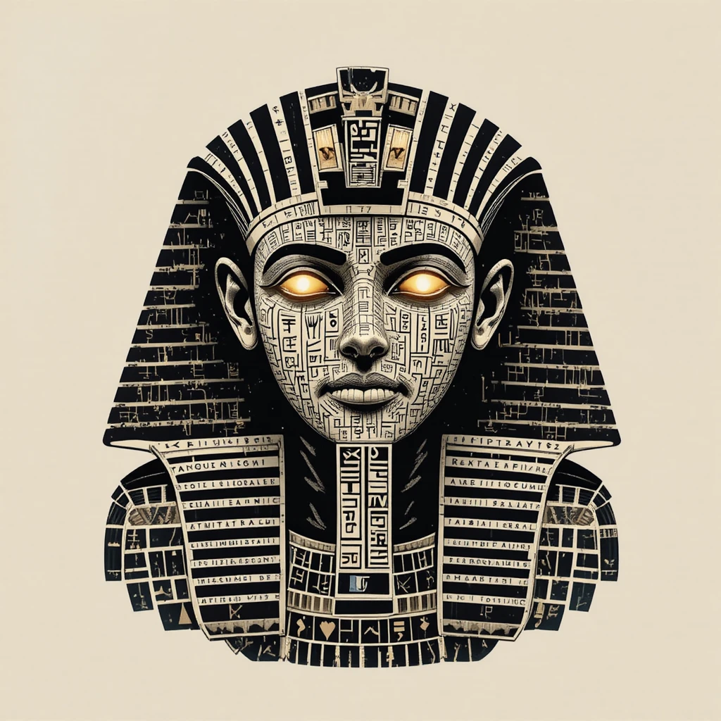 Hieroglyphisches Pharaonengesicht aus leuchtendem antikem Text