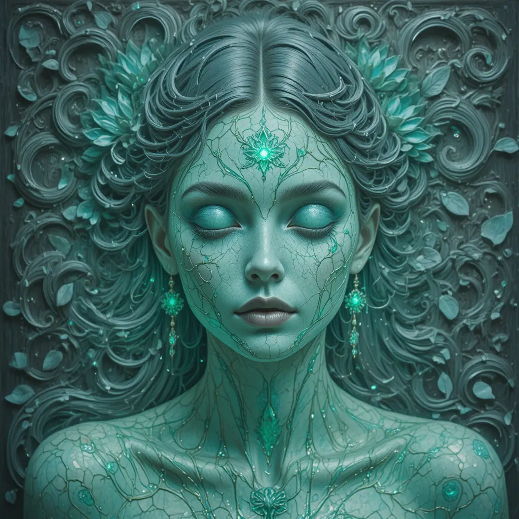 Ethereal mythic woman emerging as luminous nature deity