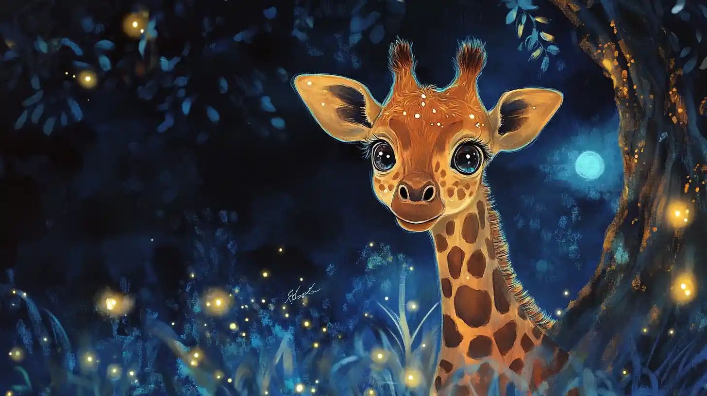 Cute Baby Giraffe On Branch In Magical Night Savanna