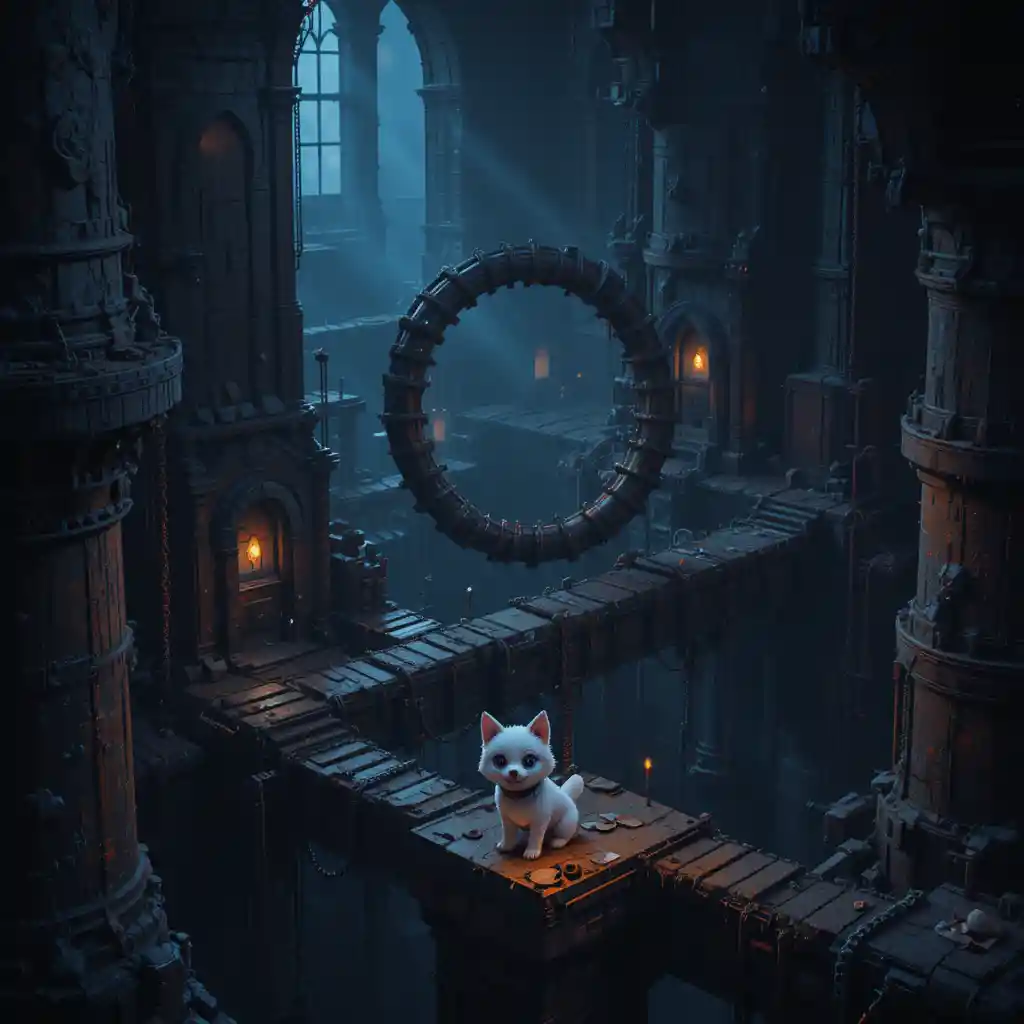 Dolce cucciolo di lupo mannaro in un livello pixel gotico industriale oscuro