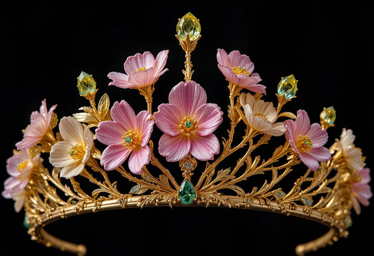 Tiara de ouro com flores de frésia em pedras preciosas sobre fundo preto